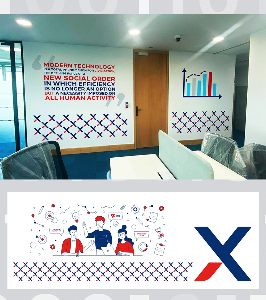 e-Tax digital transformation wall graphics and illustrated office mural
